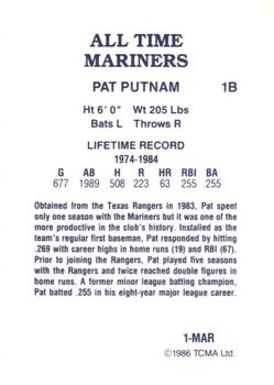 1986 TCMA All-Time Seattle Mariners - Color #1-MAR Pat Putnam Back