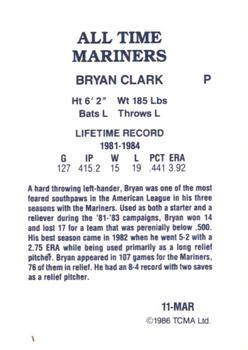 1986 TCMA All-Time Seattle Mariners - Color #11-MAR Bryan Clark Back