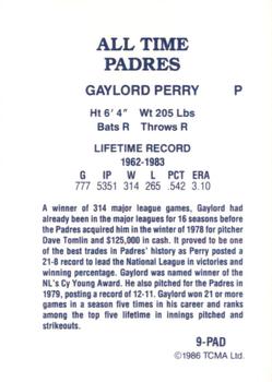 1986 TCMA All-Time San Diego Padres - Color #9-PAD Gaylord Perry Back