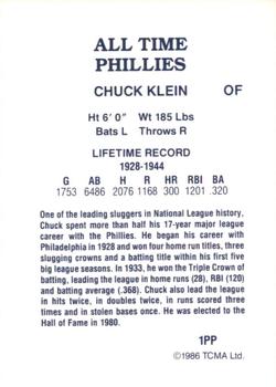 1986 TCMA All-Time Philadelphia Phillies #1PP Chuck Klein Back