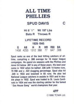 1986 TCMA All-Time Philadelphia Phillies #4PP Spud Davis Back