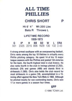 1986 TCMA All-Time Philadelphia Phillies #6PP Chris Short Back