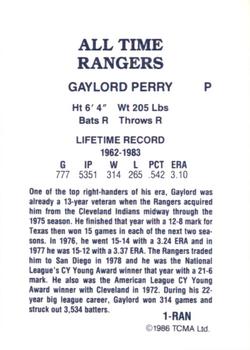 1986 TCMA All-Time Texas Rangers - Color #1-RAN Gaylord Perry Back