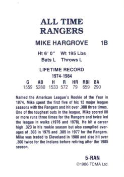 1986 TCMA All-Time Texas Rangers - Color #5-RAN Mike Hargrove Back