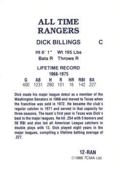 1986 TCMA All-Time Texas Rangers - Color #12-RAN Dick Billings Back