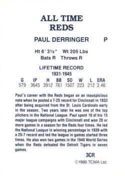 1986 TCMA All-Time Cincinnati Reds #3CR Paul Derringer Back