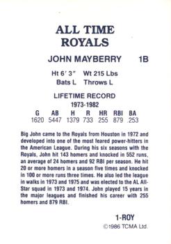 1986 TCMA All-Time Kansas City Royals - Color #1-ROY John Mayberry Back