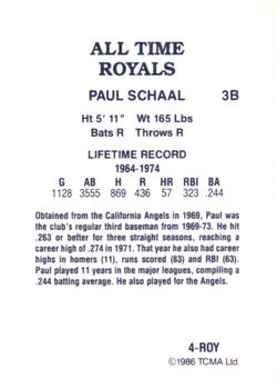 1986 TCMA All-Time Kansas City Royals - Color #4-ROY Paul Schaal Back