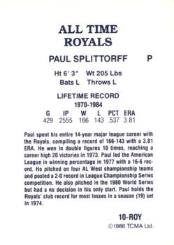 1986 TCMA All-Time Kansas City Royals - Color #10-ROY Paul Splittorff Back