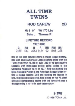 1986 TCMA All-Time Minnesota Twins - Color #2-TWI Rod Carew Back
