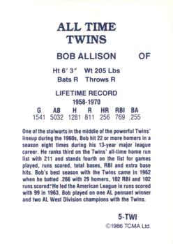 1986 TCMA All-Time Minnesota Twins - Color #5-TWI Bob Allison Back