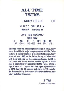 1986 TCMA All-Time Minnesota Twins - Color #6-TWI Larry Hisle Back