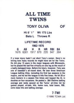 1986 TCMA All-Time Minnesota Twins - Color #7-TWI Tony Oliva Back