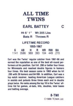 1986 TCMA All-Time Minnesota Twins - Color #8-TWI Earl Battey Back