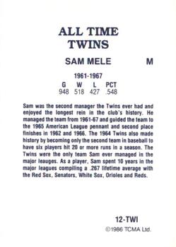 1986 TCMA All-Time Minnesota Twins - Color #12-TWI Sam Mele Back