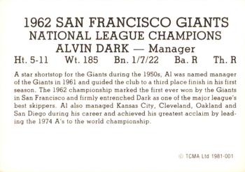 1981 TCMA 1962 San Francisco Giants #001 Alvin Dark Back