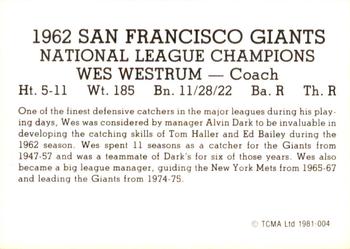 1981 TCMA 1962 San Francisco Giants #004 Wes Westrum Back