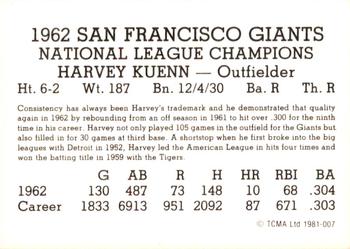 1981 TCMA 1962 San Francisco Giants #007 Harvey Kuenn Back