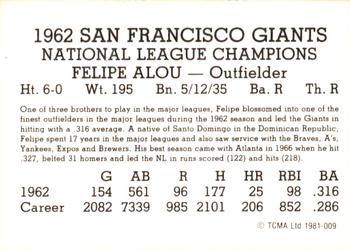 1981 TCMA 1962 San Francisco Giants #009 Felipe Alou Back