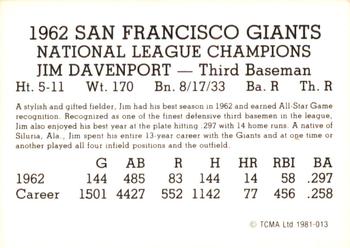 1981 TCMA 1962 San Francisco Giants #013 Jim Davenport Back