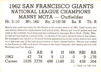 1981 TCMA 1962 San Francisco Giants #016 Manny Mota Back
