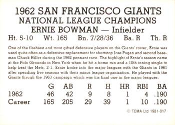 1981 TCMA 1962 San Francisco Giants #017 Ernie Bowman Back