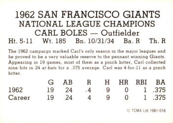 1981 TCMA 1962 San Francisco Giants #018 Carl Boles Back