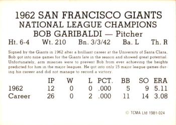 1981 TCMA 1962 San Francisco Giants #024 Bob Garibaldi Back