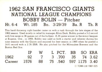 1981 TCMA 1962 San Francisco Giants #025 Bobby Bolin Back