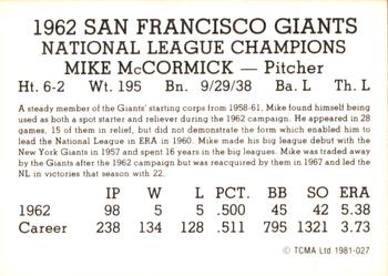 1981 TCMA 1962 San Francisco Giants #027 Mike McCormick Back