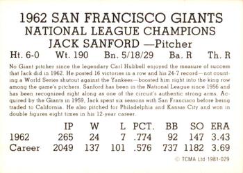 1981 TCMA 1962 San Francisco Giants #029 Jack Sanford Back