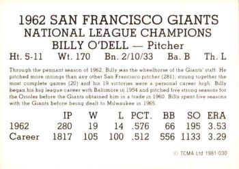 1981 TCMA 1962 San Francisco Giants #030 Billy O'Dell Back