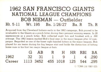 1981 TCMA 1962 San Francisco Giants #035 Bob Nieman Back