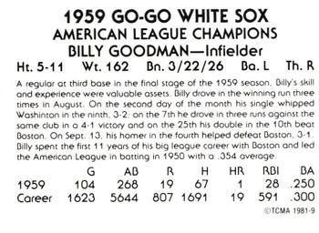 1981 TCMA 1959 Chicago White Sox #9 Billy Goodman Back