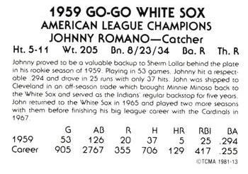 1981 TCMA 1959 Chicago White Sox #13 Johnny Romano Back