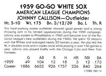 1981 TCMA 1959 Chicago White Sox #14 Johnny Callison Back