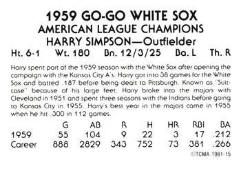 1981 TCMA 1959 Chicago White Sox #15 Harry Simpson Back