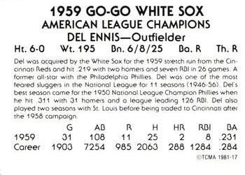1981 TCMA 1959 Chicago White Sox #17 Del Ennis Back