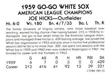 1981 TCMA 1959 Chicago White Sox #23 Joe Hicks Back