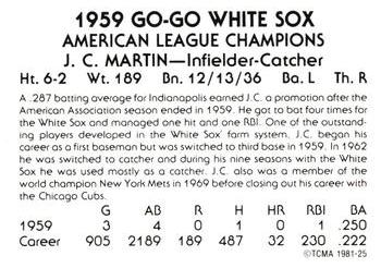 1981 TCMA 1959 Chicago White Sox #25 J.C. Martin Back