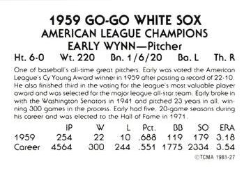 1981 TCMA 1959 Chicago White Sox #27 Early Wynn Back