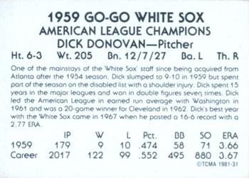 1981 TCMA 1959 Chicago White Sox #31 Dick Donovan Back