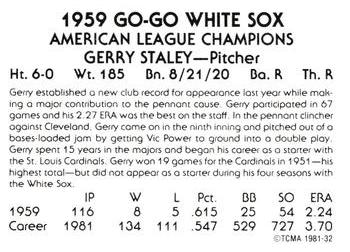 1981 TCMA 1959 Chicago White Sox #32 Gerry Staley Back