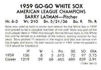 1981 TCMA 1959 Chicago White Sox #33 Barry Latman Back