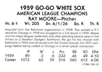1981 TCMA 1959 Chicago White Sox #34 Ray Moore Back