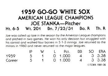 1981 TCMA 1959 Chicago White Sox #36 Joe Stanka Back
