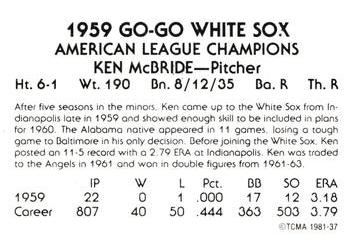 1981 TCMA 1959 Chicago White Sox #37 Ken McBride Back