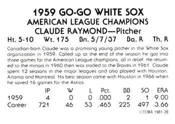 1981 TCMA 1959 Chicago White Sox #39 Claude Raymond Back