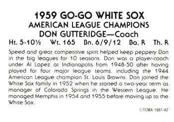 1981 TCMA 1959 Chicago White Sox #42 Don Gutteridge Back