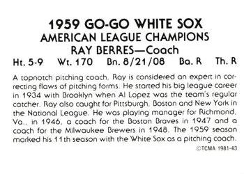 1981 TCMA 1959 Chicago White Sox #43 Ray Berres Back